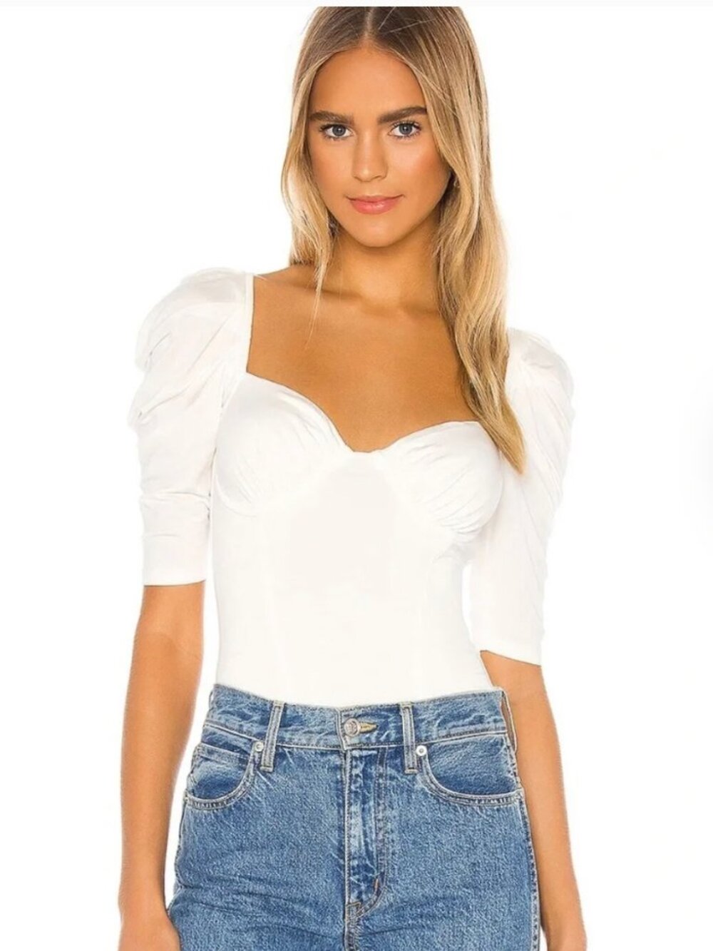Majorelle White Ruched Long Sleeve Bodysuit | Size S
